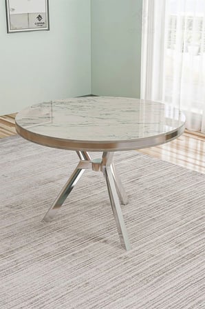 Natre Serisi 90x90 Lak Panel Beyaz Mermer Desen Krom Ayaklı Mutfak Masası Takımı Ve 4 Gri Sandalye