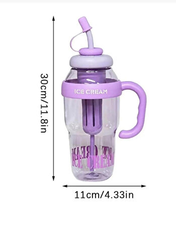 ICE CREAM Tasarımlı Pipetli Suluk 1.3 Litre Büyük Hacimli, Şeffaf Renkli Matara, Sızdırmaz Kapak