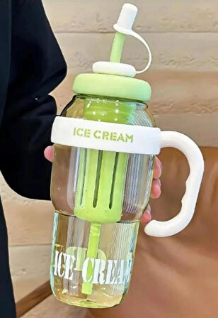 ICE CREAM Tasarımlı Pipetli Suluk 1.3 Litre Büyük Hacimli, Şeffaf Renkli Matara, Sızdırmaz Kapak