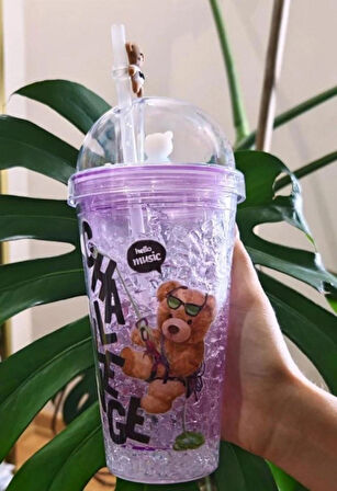  HEDİYELİK IŞIKLI BARDAK MATARA PİPETLİ ÇİFT KATMANLI MOR RENK AYICIKLI