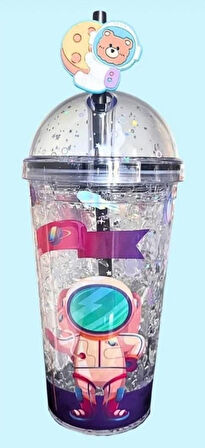 PİPETLİ BARDAK MATARA SEVİMLİ SULUK 450 ml  ÇİFT  ASTRONOT FİGÜRLÜ