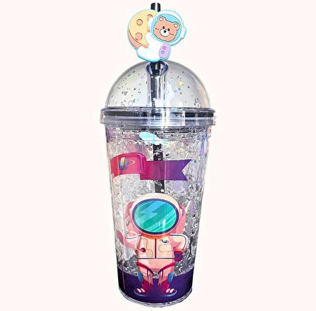 PİPETLİ BARDAK MATARA SEVİMLİ SULUK 450 ml  ÇİFT  ASTRONOT FİGÜRLÜ