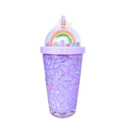 PİPETLİ BARDAK MATARA SEVİMLİ SULUK 450 ml  ÇİFT KATMANLI KALPLİ PULLU