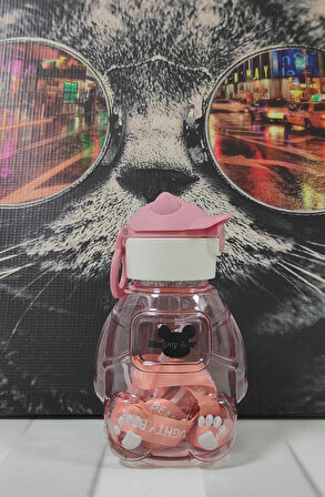 Ayıcıklı Matara Şeffaf Suluk, Okul, Ofis, Seyahat PEMBE RENK