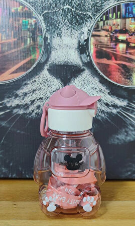 Ayıcıklı Matara Şeffaf Suluk, Okul, Ofis, Seyahat PEMBE RENK