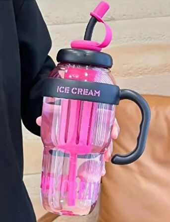 ICE CREAM Tasarımlı Pipetli Suluk 1.3 Litre Büyük Hacimli, Şeffaf Renkli Matara, Sızdırmaz Kapak