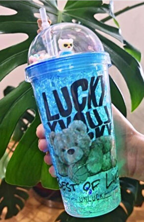 HEDİYELİK IŞIKLI BARDAK MATARA PİPETLİ ÇİFT KATMANLI MAVİ RENK