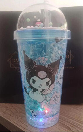 HEDİYELİK IŞIKLI BARDAK MATARA PİPETLİ ÇİFT KATMANLI MAVİ RENK