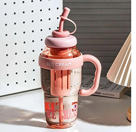 ICE CREAM Tasarımlı Pipetli Suluk 1.3 Litre Büyük Hacimli, Şeffaf Renkli Matara, Sızdırmaz Kapak