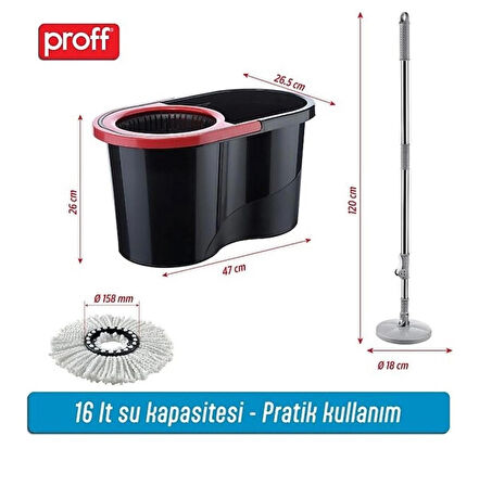 turbo Star Black Microfiber Döner Başlıklı Temizlik Seti Büyük Boy Mop 13 Lt.