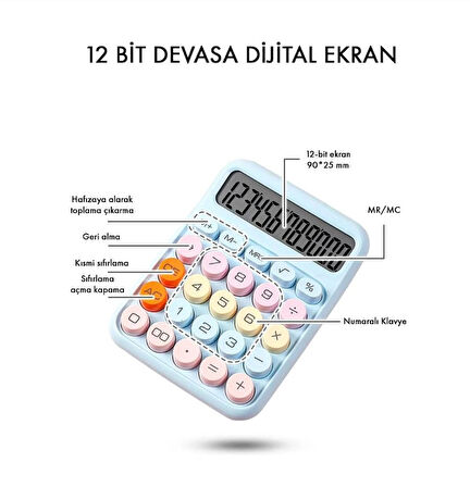 12 Haneli Güneş Enerjili Hesap Makinesi - Açılı Geniş Ekran, Çift Güç Kaynağı Solar Pil MAVİ RENK
