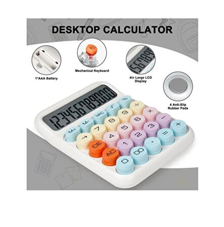 12 Haneli Güneş Enerjili Hesap Makinesi Açılı Geniş Ekran, Çift Güç Kaynağı Solar Pil BEYAZ RENK