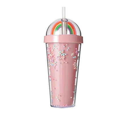 PİPETLİ BARDAK MATARA SEVİMLİ SULUK 450 ml ÇİFT KATMANLI BONCUKLU