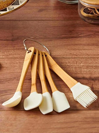 BAMBU SAPLI SLİKON UÇLU 5 PARÇA MİNİ SPATULA KAŞIK FIRÇA SETİ