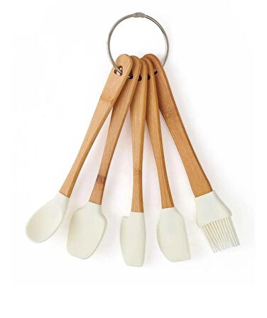 BAMBU SAPLI SLİKON UÇLU 5 PARÇA MİNİ SPATULA KAŞIK FIRÇA SETİ