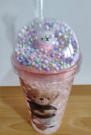  HEDİYELİK IŞIKLI BARDAK MATARA PİPETLİ ÇİFT KATMANLI PEMBE RENK