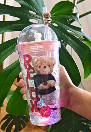  HEDİYELİK IŞIKLI BARDAK MATARA PİPETLİ ÇİFT KATMANLI PEMBE RENK