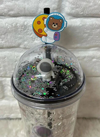 PİPETLİ BARDAK MATARA SEVİMLİ SULUK 450 ml  ÇİFT  ASTRONOT FİGÜRLÜ