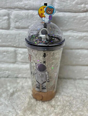 PİPETLİ BARDAK MATARA SEVİMLİ SULUK 450 ml  ÇİFT  ASTRONOT FİGÜRLÜ