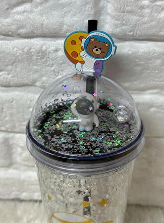 PİPETLİ BARDAK MATARA SEVİMLİ SULUK 450 ml  ÇİFT  ASTRONOT FİGÜRLÜ
