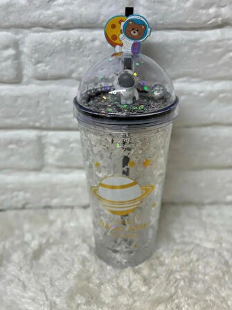 PİPETLİ BARDAK MATARA SEVİMLİ SULUK 450 ml  ÇİFT  ASTRONOT FİGÜRLÜ