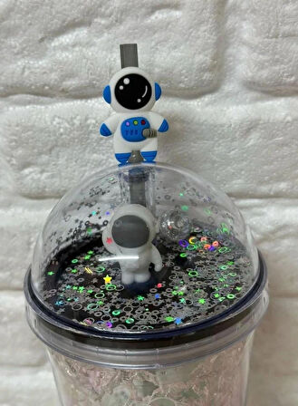 PİPETLİ BARDAK MATARA SEVİMLİ SULUK 450 ml  ÇİFT  ASTRONOT FİGÜRLÜ