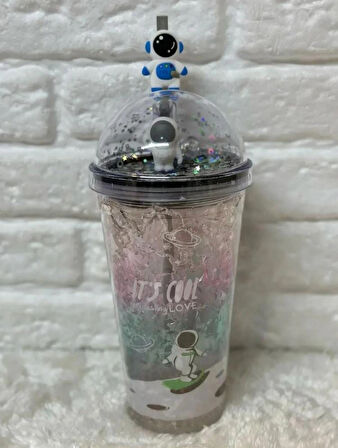 PİPETLİ BARDAK MATARA SEVİMLİ SULUK 450 ml  ÇİFT  ASTRONOT FİGÜRLÜ