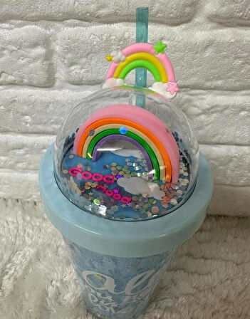 PİPETLİ BARDAK MATARA SEVİMLİ SULUK 450 ml  ÇİFT KATMANLI KALPLİ PULLU