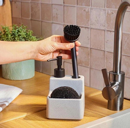 Süngerli Frıçalı Tezgah Üstü Mutfak Banyo Sıvı Sabunluk Takımı 400 Ml - Mutfak Sabunluk Seti BEYAZ