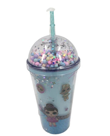 PİPETLİ BARDAK MATARA SEVİMLİ SULUK 450 ml ÇİFT KATMANLI MAVİ