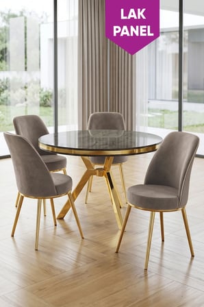 Natre Serisi 90x90 Lak Panel Antrasit İroni Gold Ayaklı Mutfak Masası Takımı Ve 4 Cappucino Sandalye