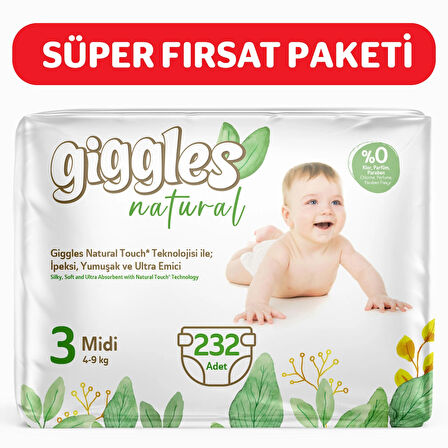 Giggles Natural 3 Numara Midi Pamuklu Bebek bezi 232 Adet