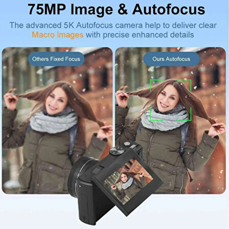 Ozmik 5K Dijital Kamera 75MP HD Retro Otomatik Odaklama Anti Shake 18x Zoom 64GB SD KART HEDİYE 