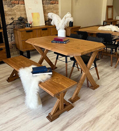 Arden Doğal Ahşap Yemek Masası Takımı Banklı-150cm+2 sandalye 