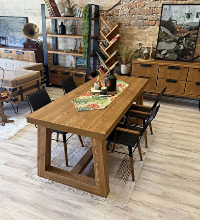 NTConcept Farmhouse Ahşap Masif Yemek Masa Takımı-80x220+6sandalye