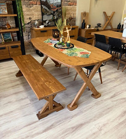 NTconcept Nova Ahşap Yemek Masası Takımı  Kenar Banklı Tel Sandalyeli Doğal 85x185-185+3sandalye