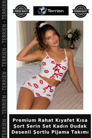 Premium Rahat Kıyafet Kısa Şort Serin Set Kadın Dudak Desenli Şortlu Pijama Takımı