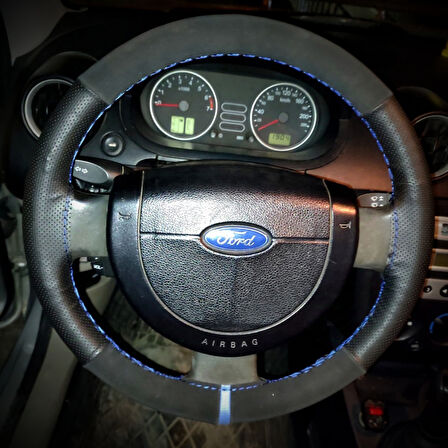 DİKİŞLİ DİREKSİYON KILIFI NUBUK DERİ NOKTALI DERİ MAVİ YÜZÜK / DİKİŞ FORD CONNECT İÇİN