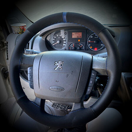 DİKİŞLİ DİREKSİYON KILIFI NUBUK NOKTALI DERİ MAVİ YÜZÜK MAVİ DİKİŞLİ PEUGEOT BOXER İÇİN