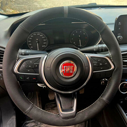 DİKİŞLİ DİREKSİYON KILIFI NUBUK NOKTALI DERİ GRİ YÜZÜK GRİ DİKİŞLİ FIAT EGEA İÇİN
