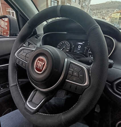 DİKİŞLİ DİREKSİYON KILIFI NUBUK NOKTALI DERİ GRİ YÜZÜK GRİ DİKİŞLİ FIAT EGEA İÇİN