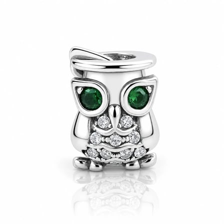 Nur Silver Baykuş Charm 925 Ayar Gümüş Yeşil Gözlü Taşlı