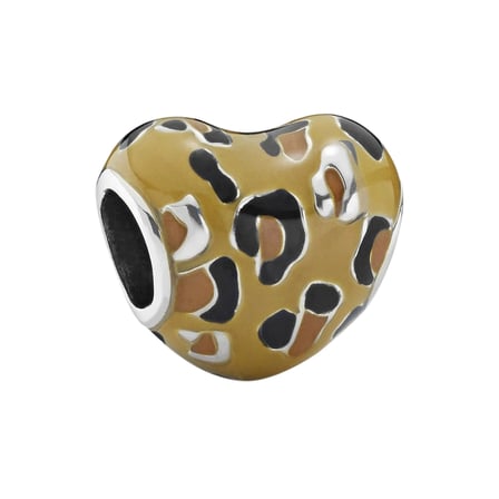 Nur Silver Kalp Charm Gümüş Sarı Leopar Desenli
