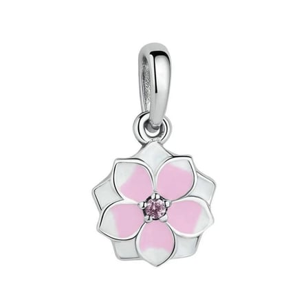 Nur Silver Çiçekli Gümüş Charm Pembe Sallantılı