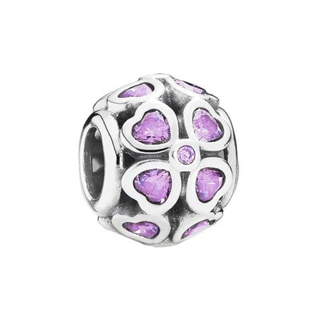 Nur Silver Kalp Çiçekli Gümüş Charm Pembe Taşlı