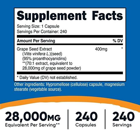 Nutricost, Grape Seed Extract Kalp koruyucu + Tansiyon + Kan dolaşımı 28000 mg , 240 Capsul