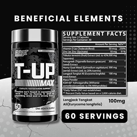 Nutrex T-Up Max Testo Booster 60 Caps Tribulus+Fenugreek+Maca+Tongkat Ali+Ksm66 Ashwagandha