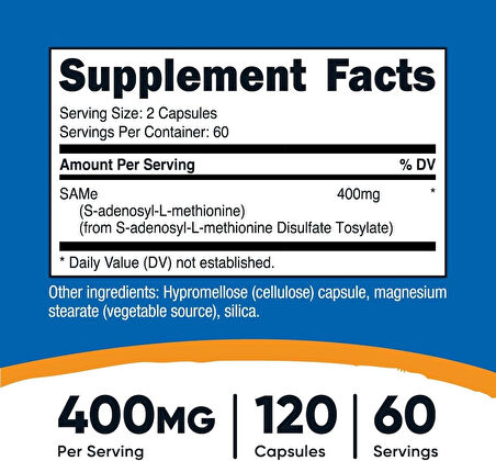 Nutricost SAM-e S-Adenosyl-L-Methionine Brain & Cognitive Bone Joint & Cartilage 400mg 120 Caps