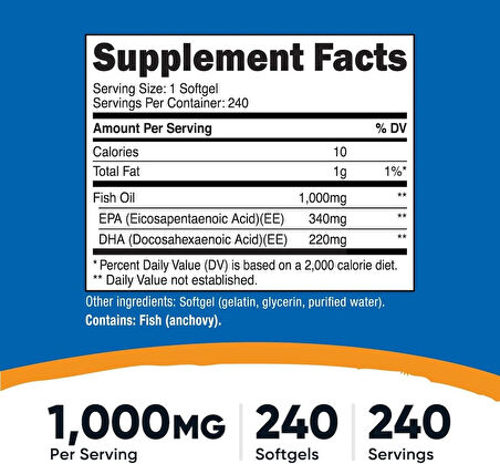 Nutricost Fish Oil Balık Yağı 1000mg (560mg of Omega 3), 240 Softgels