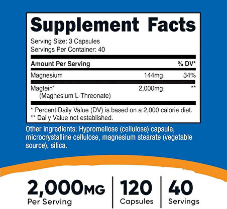 Nutricost Magnesium L-Threonate As Magtein 2000 Mg 120 Caps - Uyku kalitesi ve Hafıza desteği